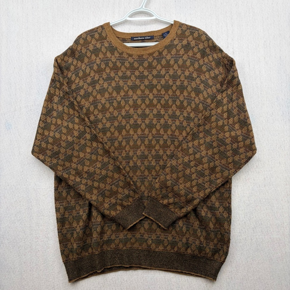 Northern Isles Mens XL Brown Geometric Diamond Knit Crewneck Acrylic Sweater